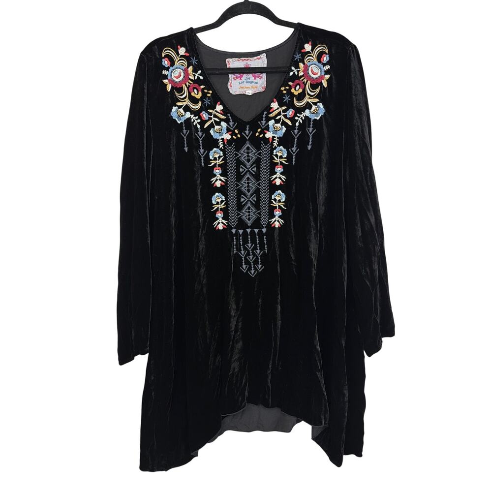 Vintage Y2K Johnny Was Los Angeles Black Velvet Floral Embroidery Long Top XL